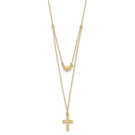 14kt Yellow Gold Polished 2-Strand D/C Cross & Heart w/2in. Ext. Necklace