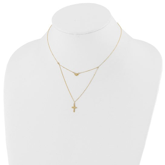 14kt Yellow Gold Polished 2-Strand D/C Cross & Heart w/2in. Ext. Necklace