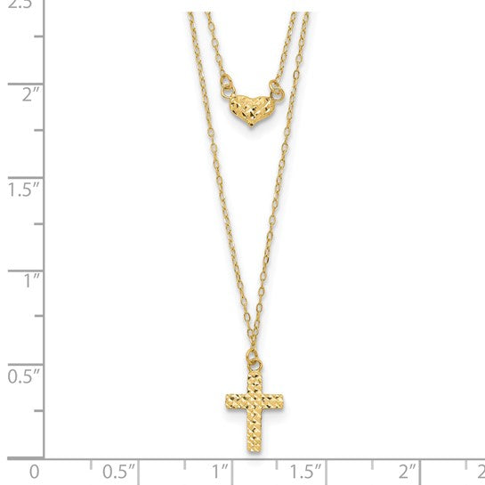14kt Yellow Gold Polished 2-Strand D/C Cross & Heart w/2in. Ext. Necklace