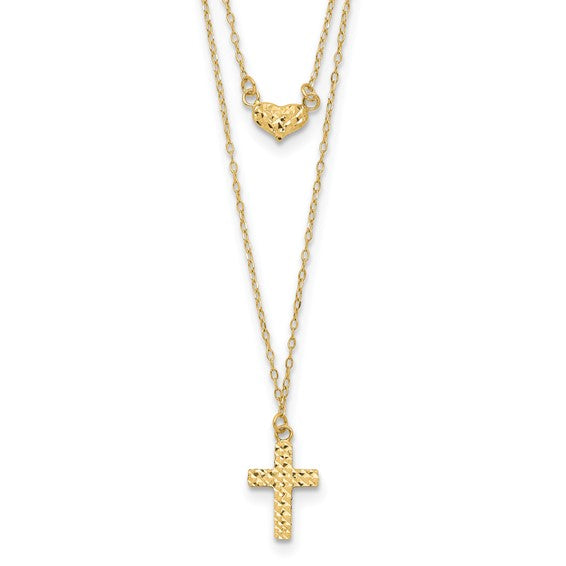 14kt Yellow Gold Polished 2-Strand D/C Cross & Heart w/2in. Ext. Necklace