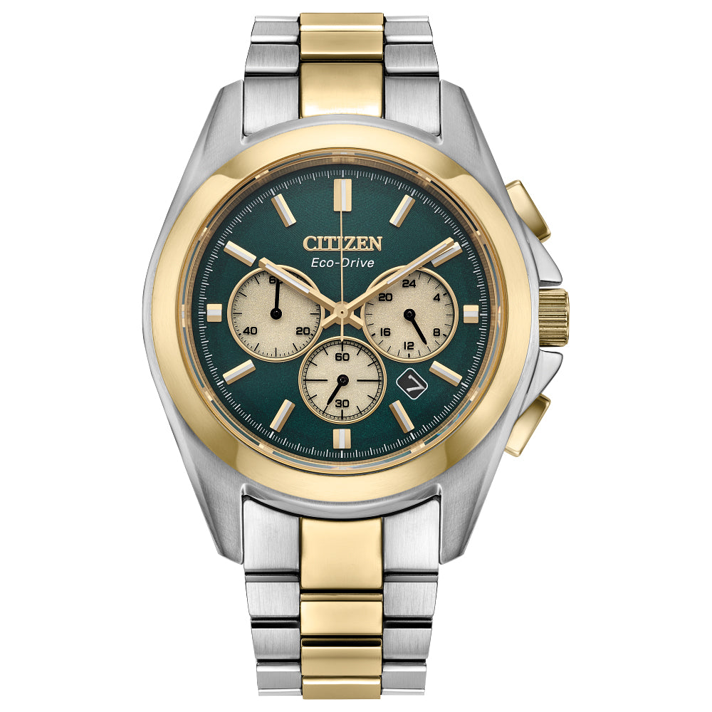 Citizen Eco-Drive Sport Luxury Green Dial Two-Tone Stainless Steel Bracelet Watch 40mm