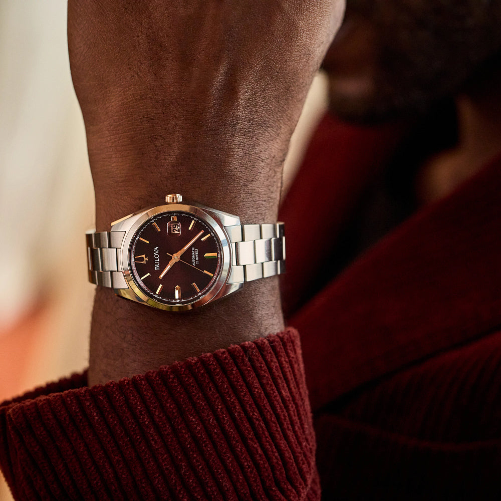 Bulova Surveyor Automatic Burgundy Dial Stainless Steel Watch 39mm