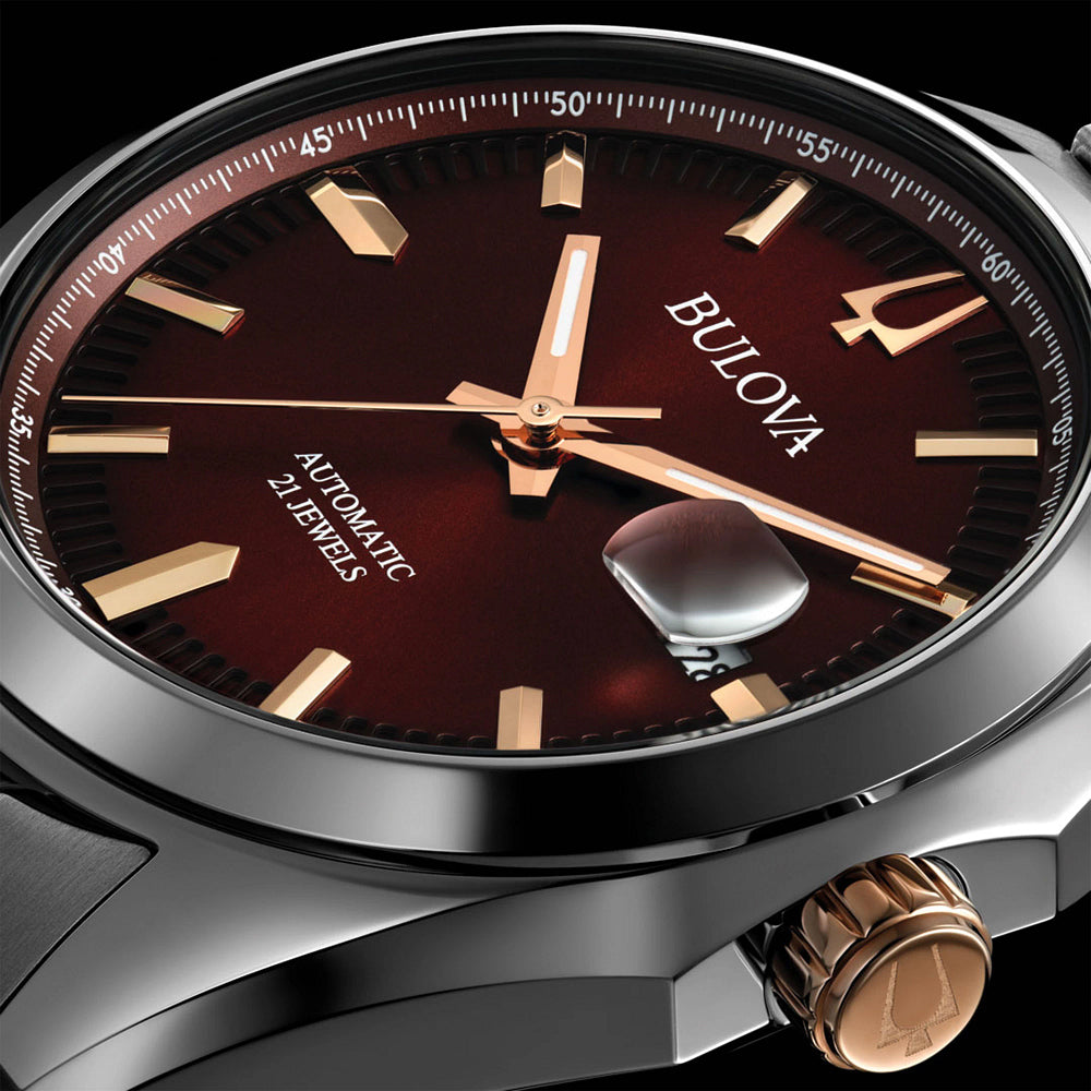Bulova Surveyor Automatic Burgundy Dial Stainless Steel Watch 39mm