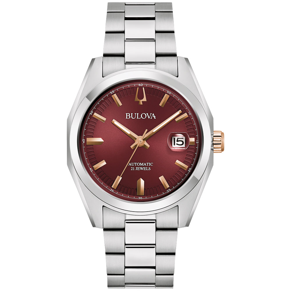 Bulova Surveyor Automatic Burgundy Dial Stainless Steel Watch 39mm