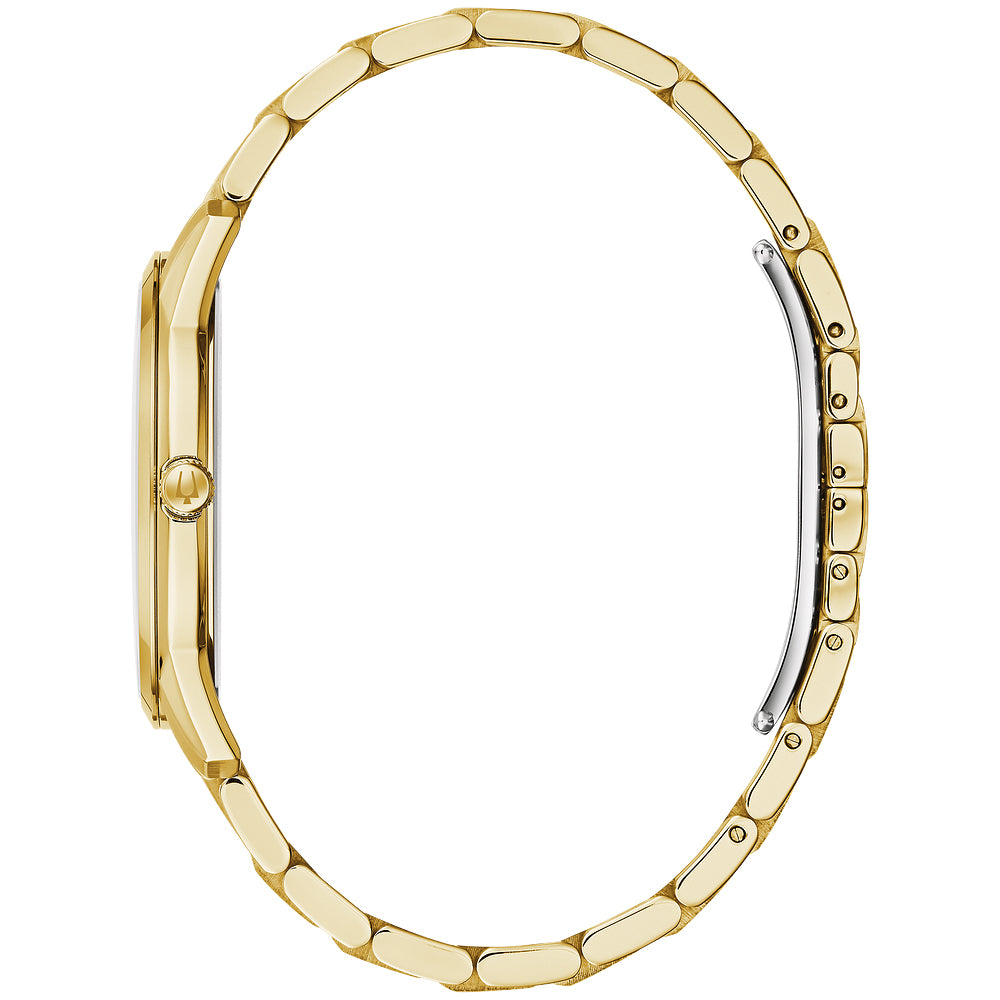 Gold-tone stainless steel case and bracelet with a black dial and gold-tone accents