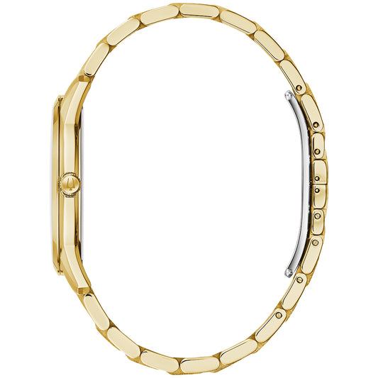 Gold-tone stainless steel case and bracelet with a black dial and gold-tone accents