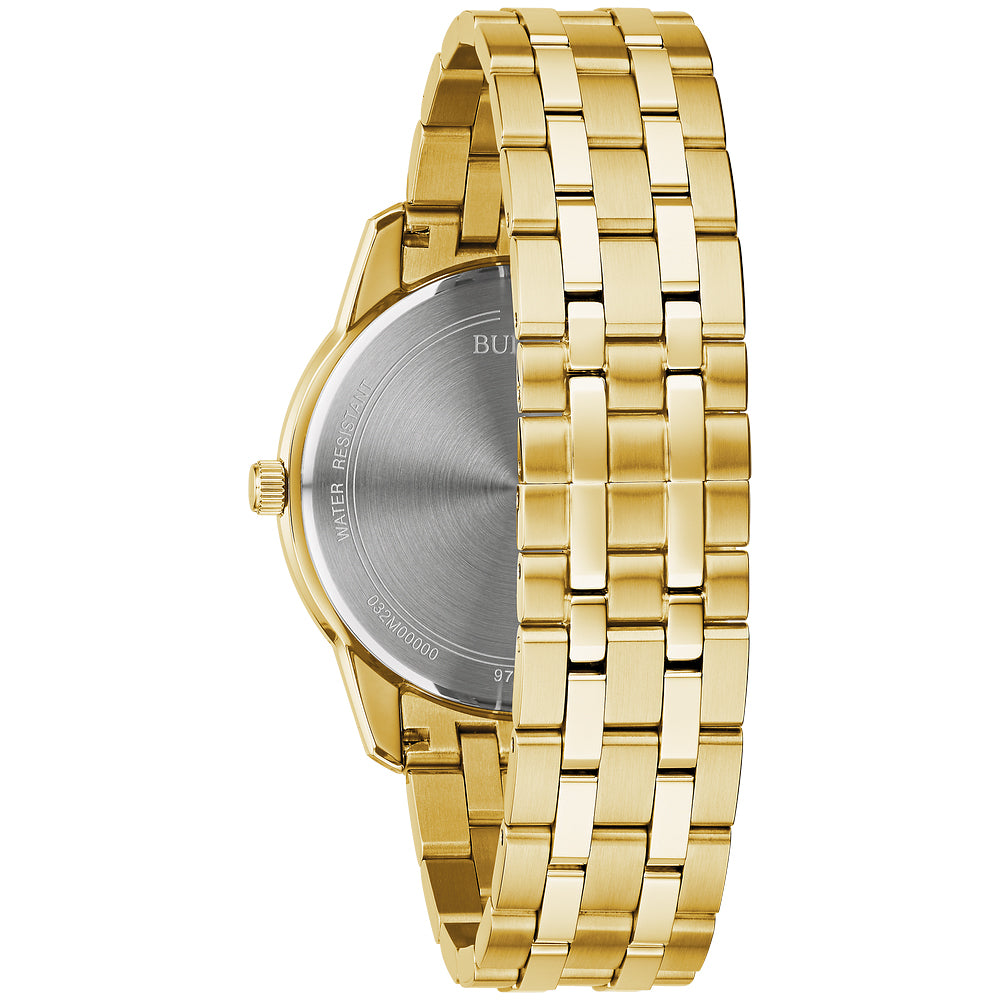 Gold-tone stainless steel case and bracelet with a black dial and gold-tone accents