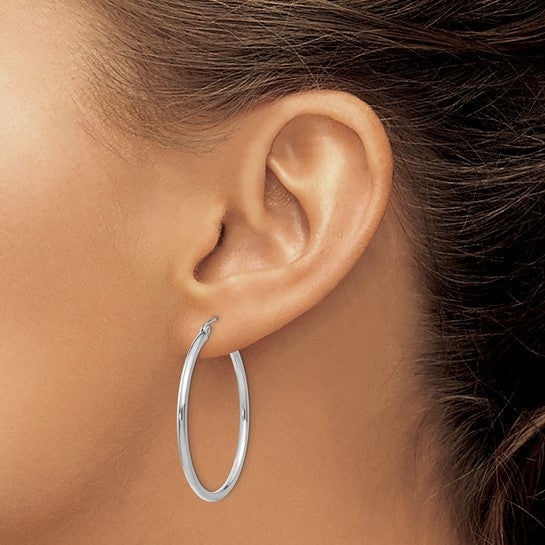 14kt White Gold Polished 2x35mm Lightweight Tube Hoop Earrings