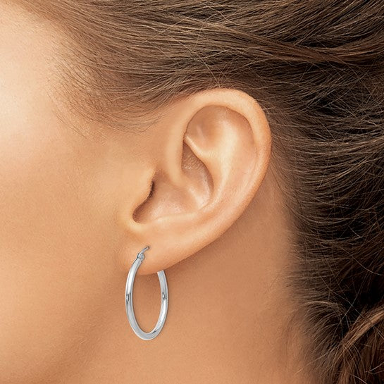 14kt White Gold Polished 2x25mm Lightweight Tube Hoop Earrings