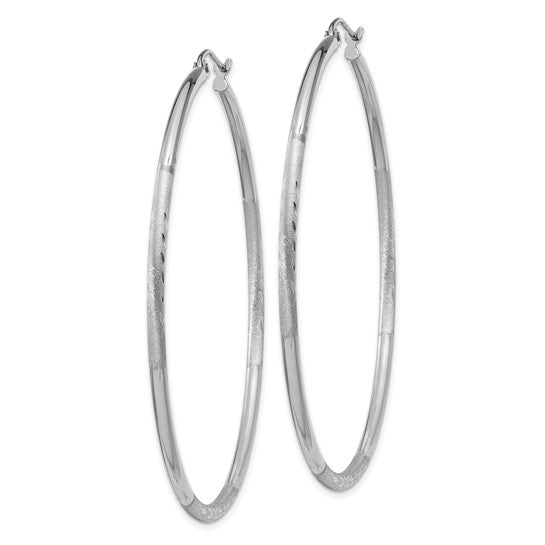 14kt White Gold Satin and Diamond-cut 2mm Round Hoop Earrings