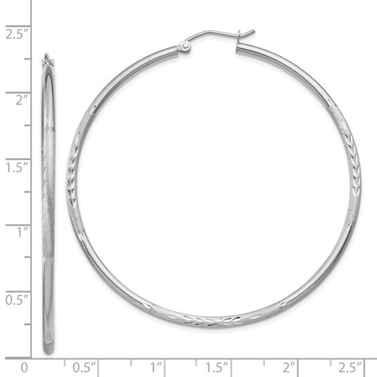 14kt White Gold Satin and Diamond-cut 2mm Round Hoop Earrings