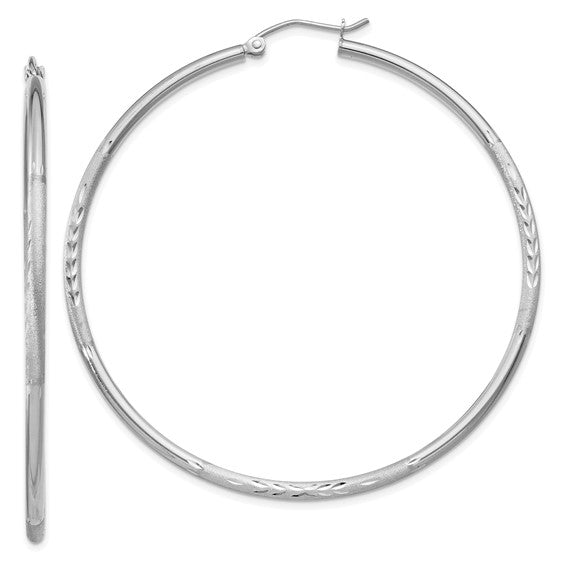 14kt White Gold Satin and Diamond-cut 2mm Round Hoop Earrings