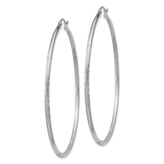 14kt White Gold Satin and Diamond-cut 2mm Round Hoop Earrings