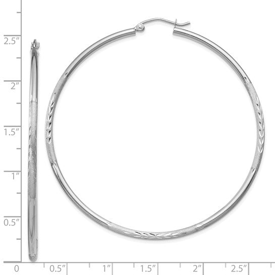 14kt White Gold Satin and Diamond-cut 2mm Round Hoop Earrings
