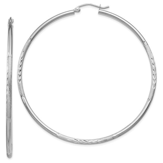 14kt White Gold Satin and Diamond-cut 2mm Round Hoop Earrings