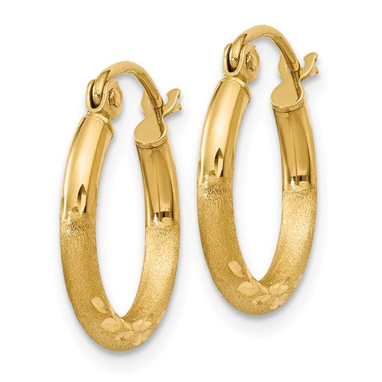 14kt Yellow Gold Satin and Diamond-cut 2mm Round Tube Hoop Earrings