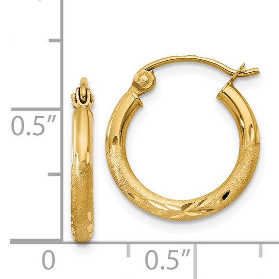 14kt Yellow Gold Satin and Diamond-cut 2mm Round Tube Hoop Earrings