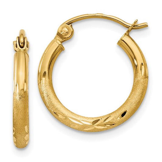 14kt Yellow Gold Satin and Diamond-cut 2mm Round Tube Hoop Earrings