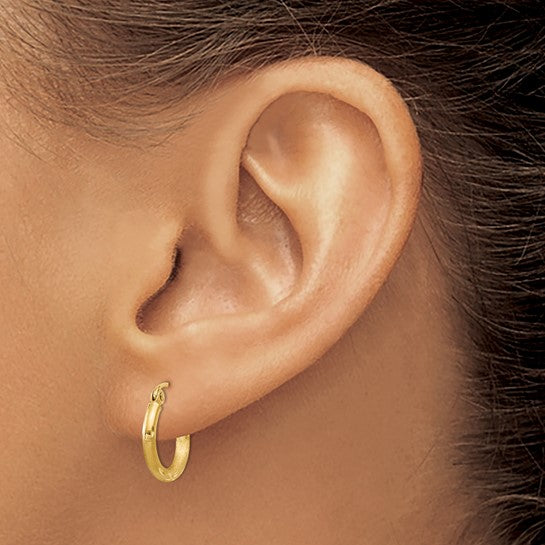 14kt Yellow Gold Satin and Diamond-cut 2mm Round Tube Hoop Earrings