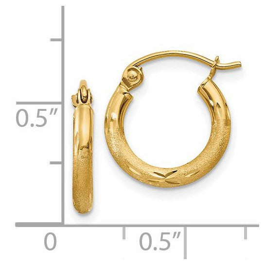 14kt Yellow Gold Satin and Diamond-cut 2mm Round Tube Hoop Earrings