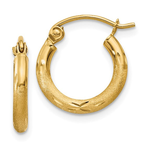 14kt Yellow Gold Satin and Diamond-cut 2mm Round Tube Hoop Earrings