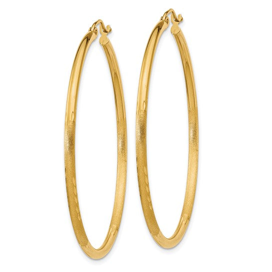 14kt Yellow Gold Satin and Diamond-cut 2mm Round Tube Hoop Earrings
