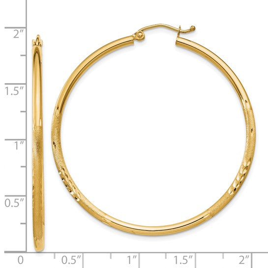 14kt Yellow Gold Satin and Diamond-cut 2mm Round Tube Hoop Earrings