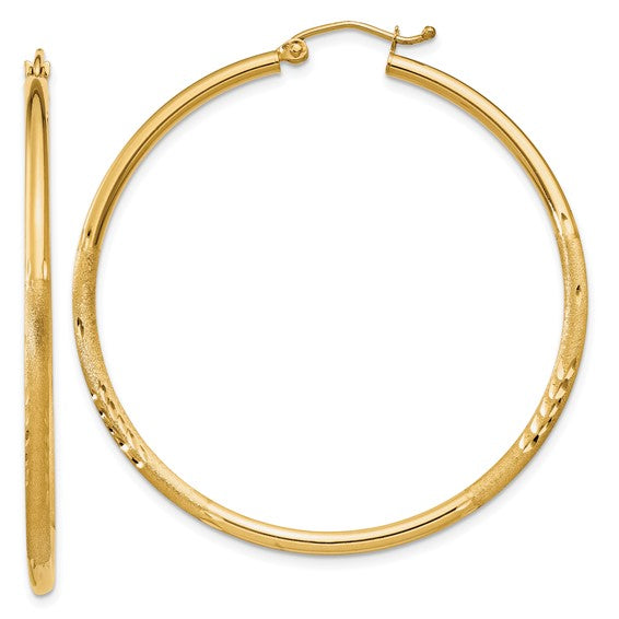 14kt Yellow Gold Satin and Diamond-cut 2mm Round Tube Hoop Earrings