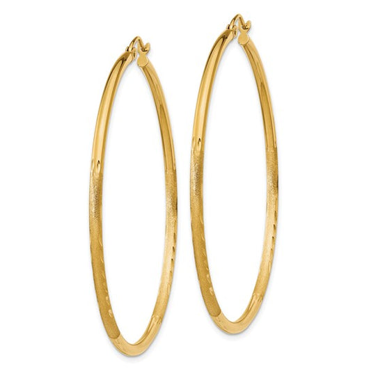 14kt Yellow Gold Satin and Diamond-cut 2mm Round Tube Hoop Earrings