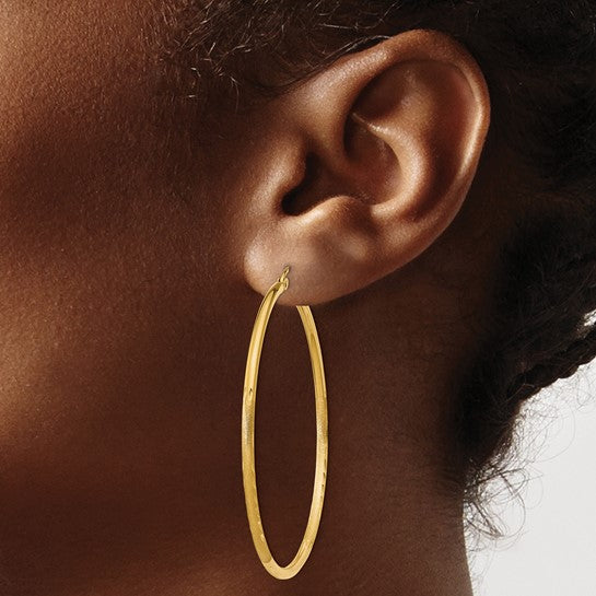 14kt Yellow Gold Satin and Diamond-cut 2mm Round Tube Hoop Earrings
