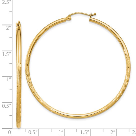 14kt Yellow Gold Satin and Diamond-cut 2mm Round Tube Hoop Earrings