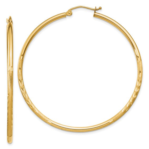 14kt Yellow Gold Satin and Diamond-cut 2mm Round Tube Hoop Earrings
