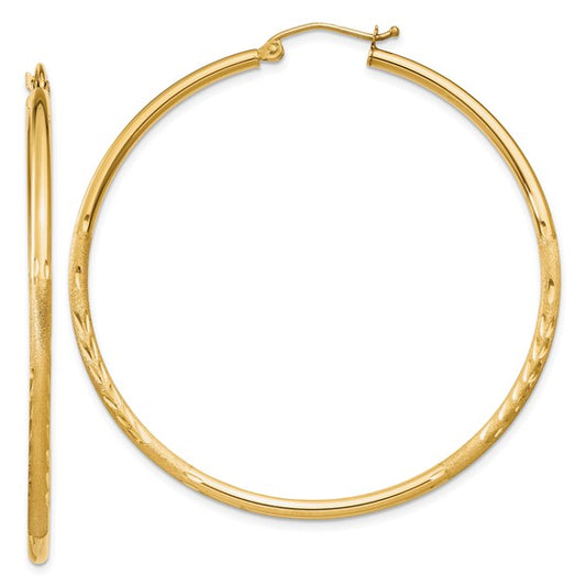 14kt Yellow Gold Satin and Diamond-cut 2mm Round Tube Hoop Earrings