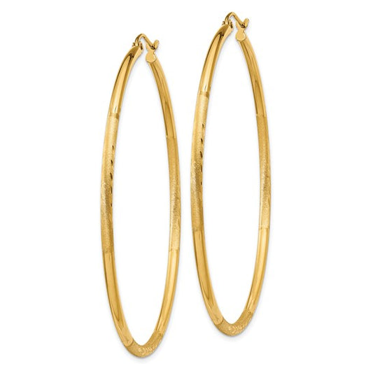14kt Yellow Gold Satin and Diamond-cut 2mm Round Tube Hoop Earrings