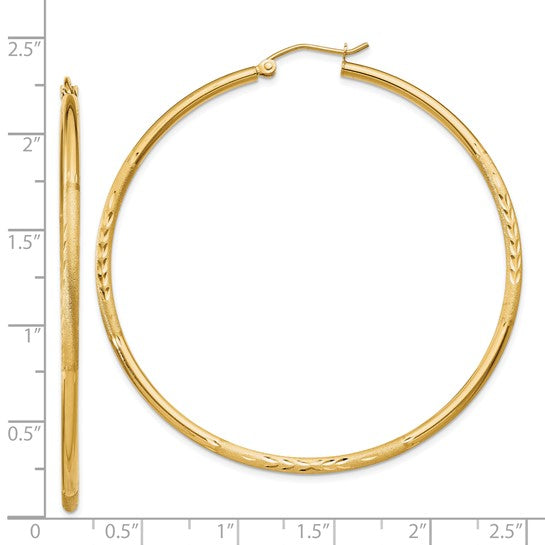 14kt Yellow Gold Satin and Diamond-cut 2mm Round Tube Hoop Earrings