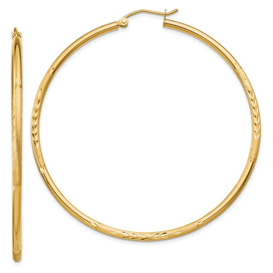 14kt Yellow Gold Satin and Diamond-cut 2mm Round Tube Hoop Earrings
