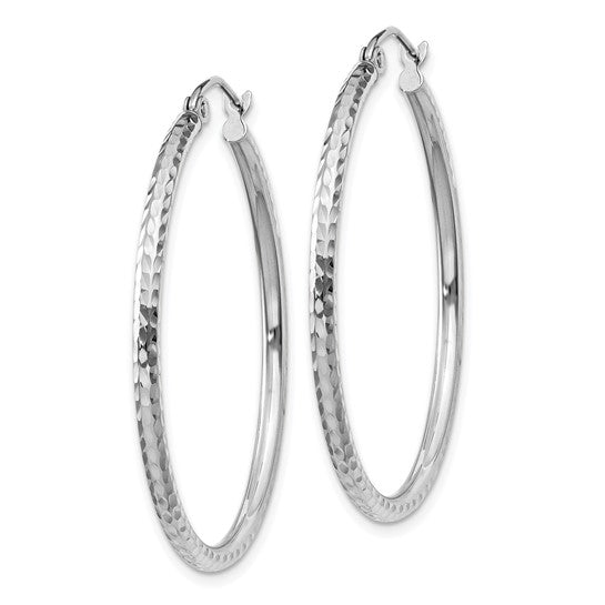 14kt White Gold Diamond-cut 2mm Round Tube Hoop Earrings