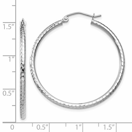 14kt White Gold Diamond-cut 2mm Round Tube Hoop Earrings