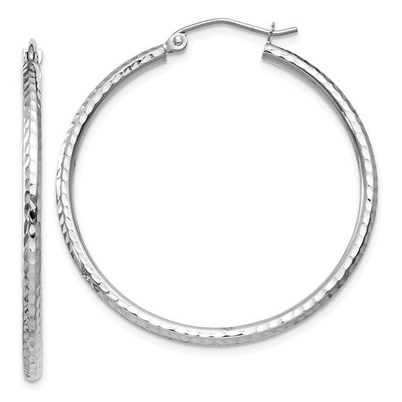14kt White Gold Diamond-cut 2mm Round Tube Hoop Earrings