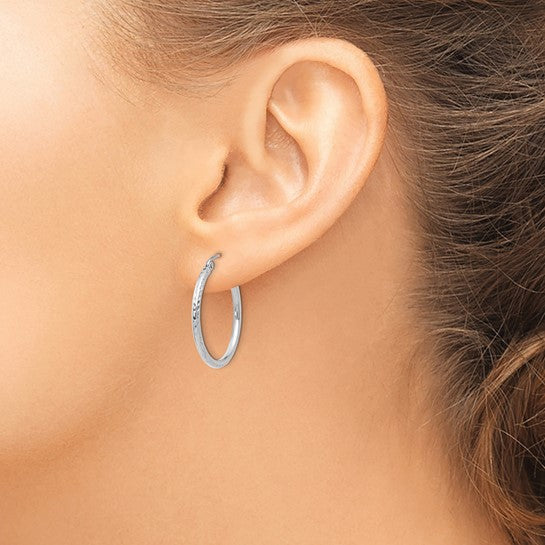 14kt White Gold Diamond-cut 2mm Round Tube Hoop Earrings