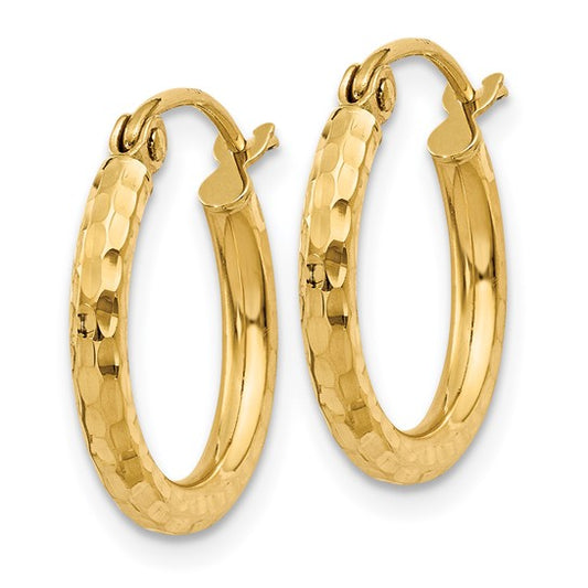 14kt 2x15mm Diamond-cut Round Tube Hoop Earrings