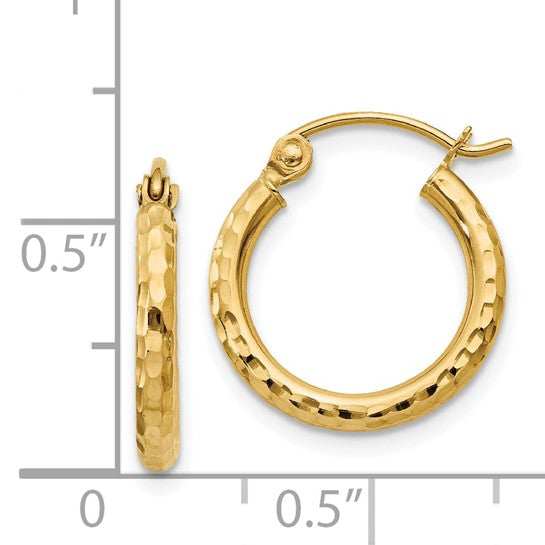 14kt 2x15mm Diamond-cut Round Tube Hoop Earrings