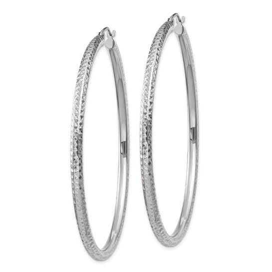 14kt White Gold Diamond-cut 3mm Round Hoop Earrings