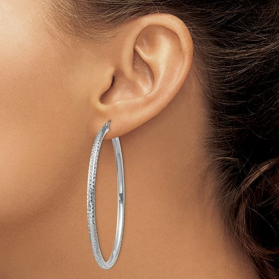14kt White Gold Diamond-cut 3mm Round Hoop Earrings
