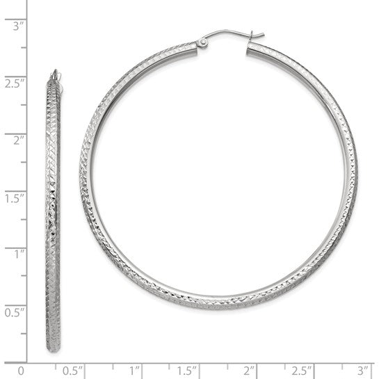 14kt White Gold Diamond-cut 3mm Round Hoop Earrings