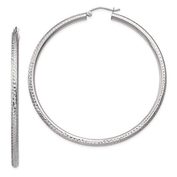 14kt White Gold Diamond-cut 3mm Round Hoop Earrings