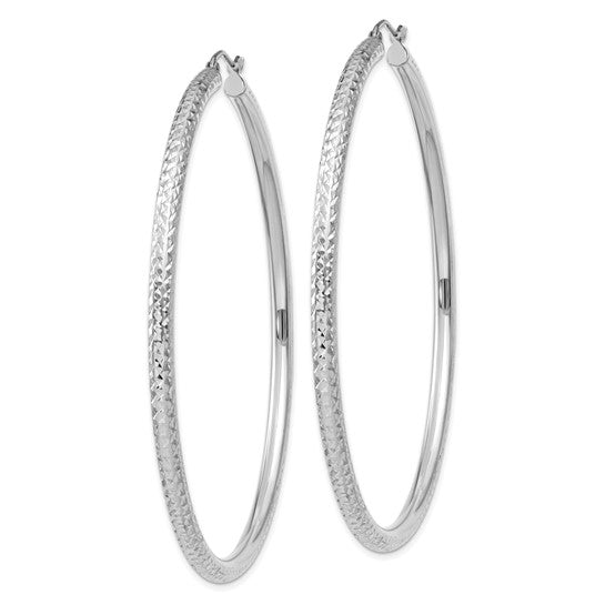 14kt White Gold Diamond-cut 3mm Round Hoop Earrings
