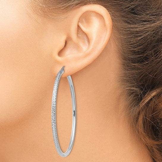 14kt White Gold Diamond-cut 3mm Round Hoop Earrings