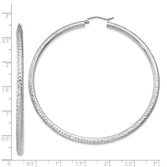 14kt White Gold Diamond-cut 3mm Round Hoop Earrings
