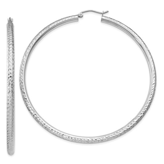 14kt White Gold Diamond-cut 3mm Round Hoop Earrings